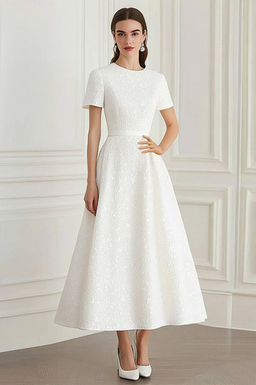 Ivory Round Neck Jacquard A-Line Long Formal Dress with Short Sleeves